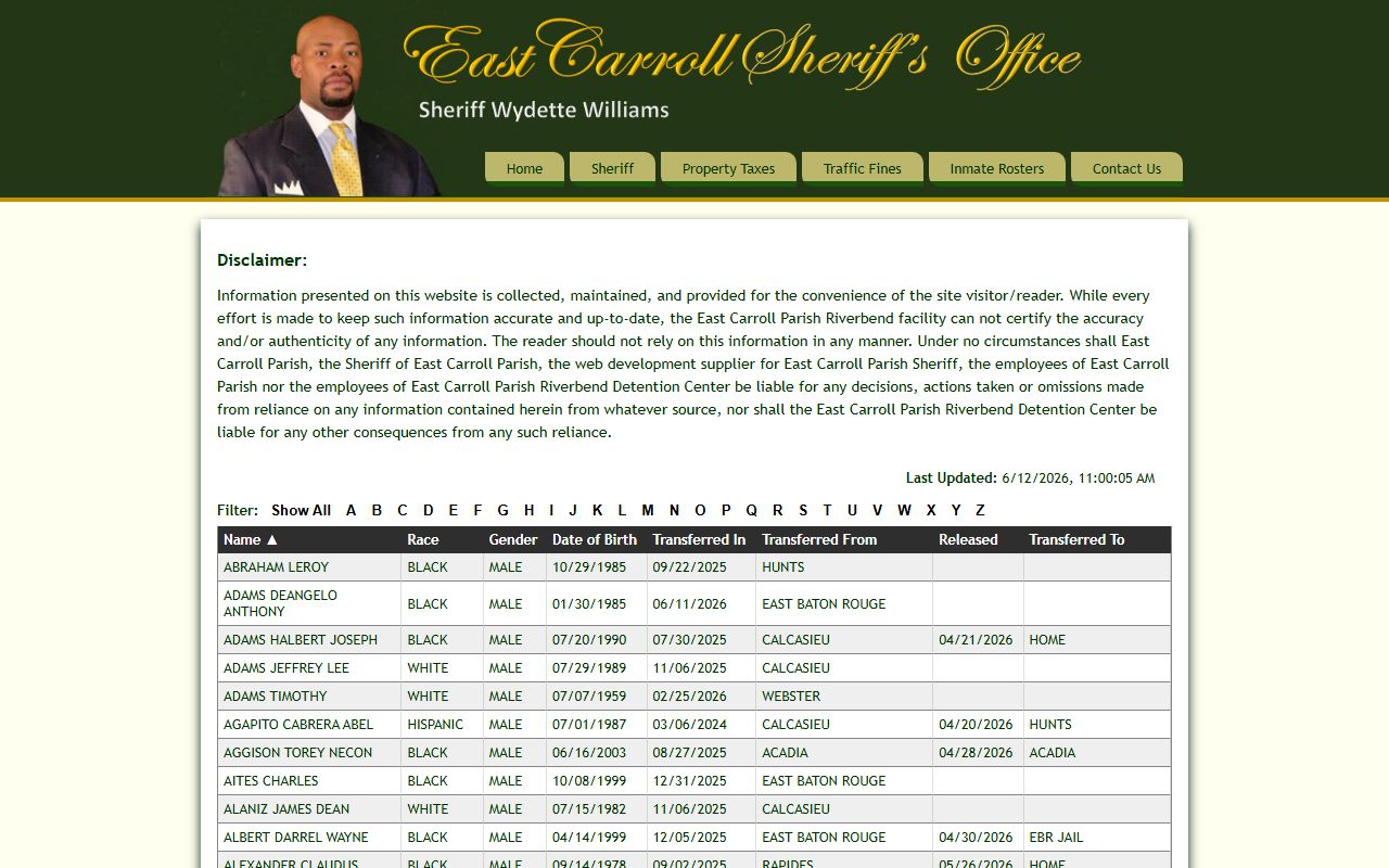 East Carroll Parish inmate population roster table with transfer fields